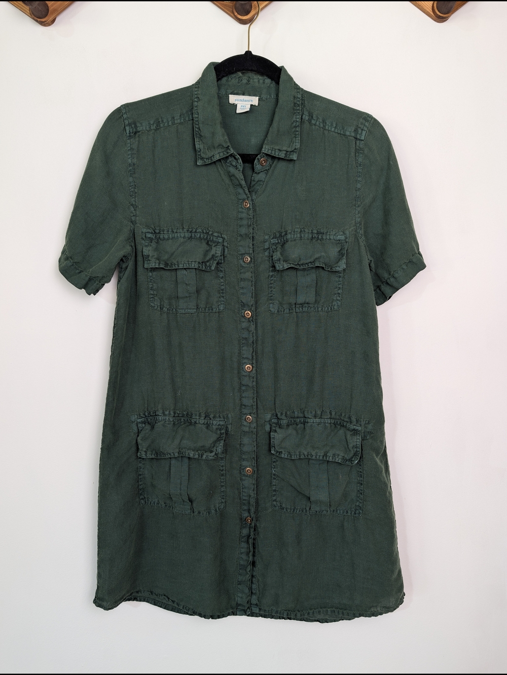 Sundance Button Front Utility 100% Linen Shirt Dress Army Green Petite XS Safari